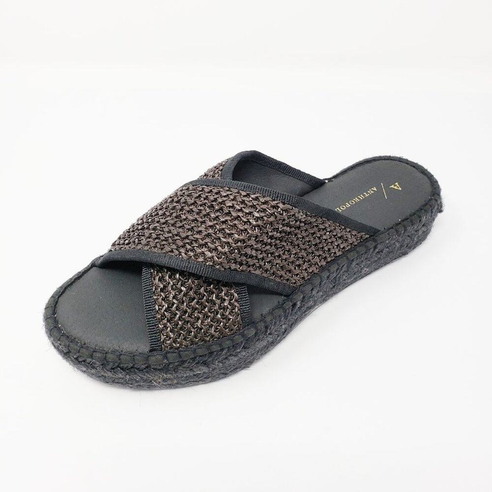 New Anthropologie Shoes Womens 7 Sandals Woven Black Espadrille Slides Open Toe